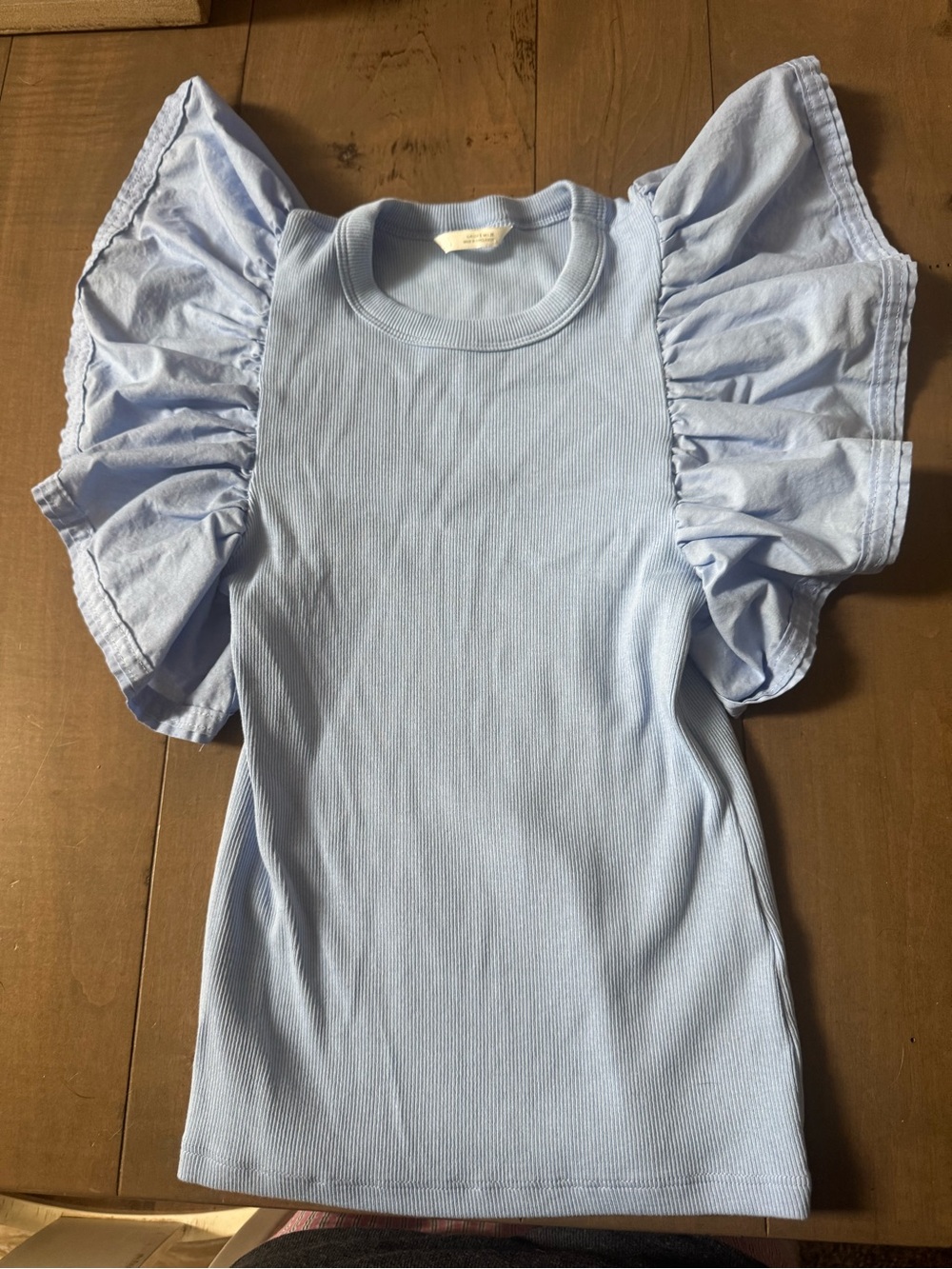 Zara Size Small light blue ribbed Ruffle Sleeve Top Blouse